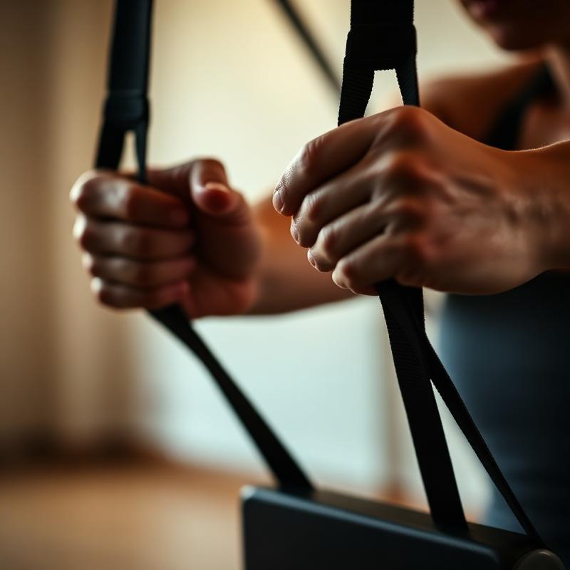 Mains tenant les sangles du Reformer au studio de Sarrebourg